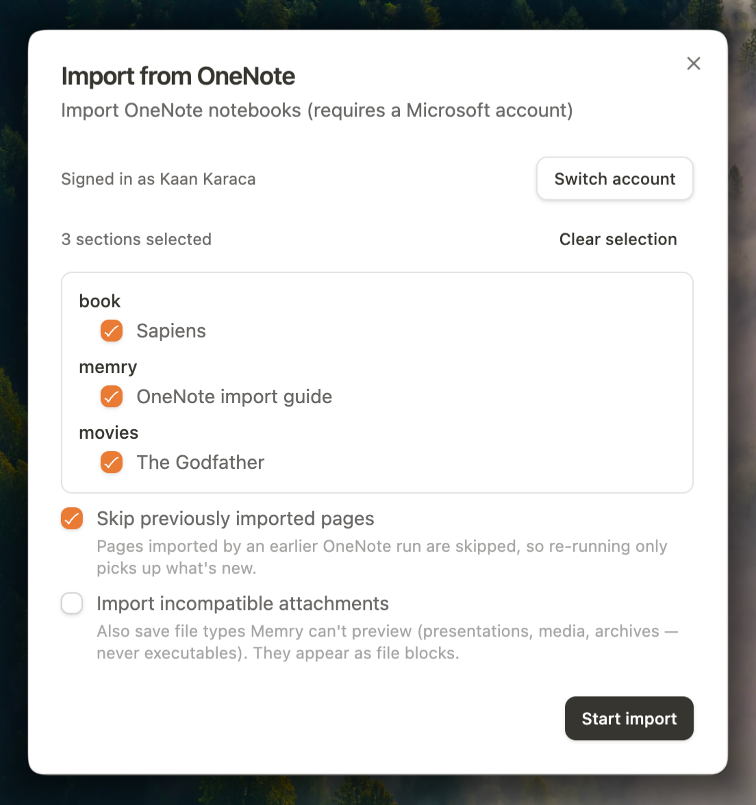 The OneNote import dialog: signed-in account, the notebook and section picker with three sections selected, and the skip and attachment options above Start import.